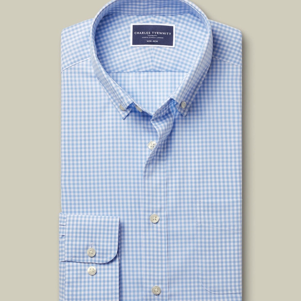 CHARLES TYRWHITT Blue Check Plaid Long Sleeve Button Down Oxford Dress Shirt